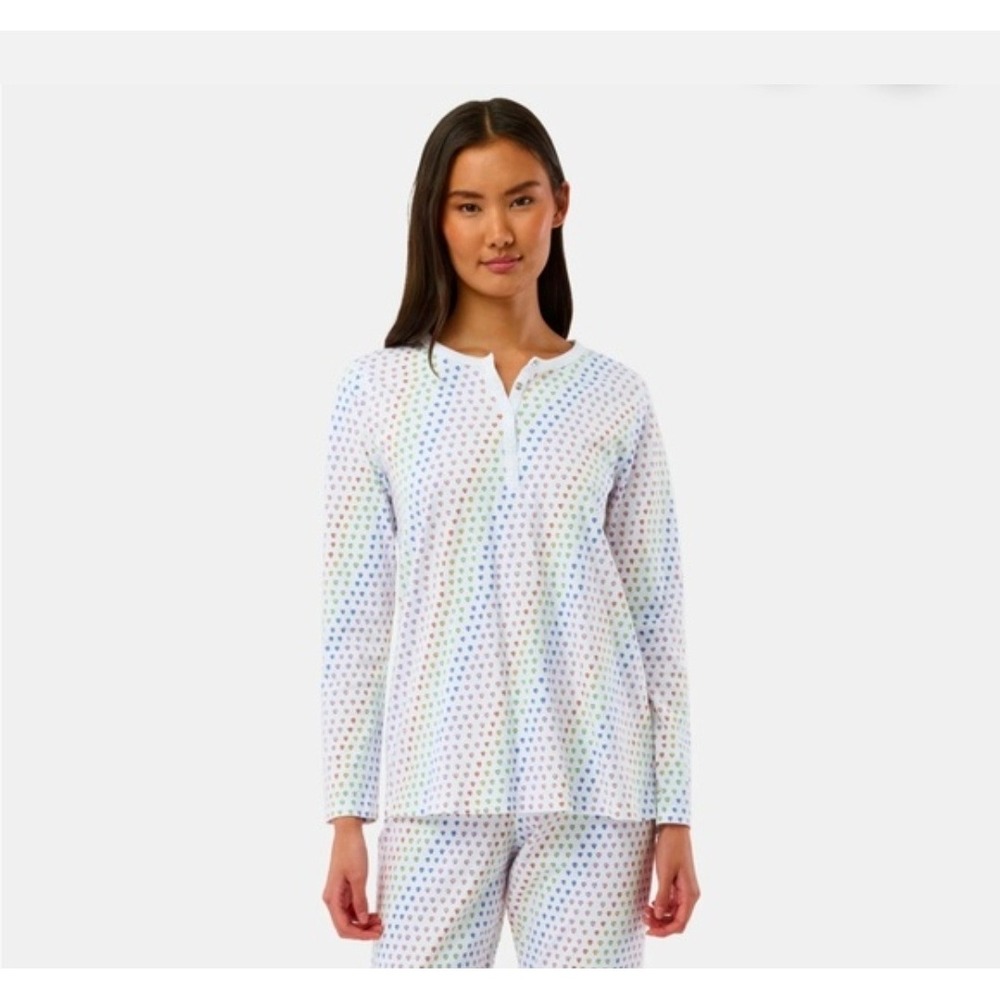 Roller Rabbit Disco Hearts Rainbow Pima Cotton Henley Long Sleeve Top White